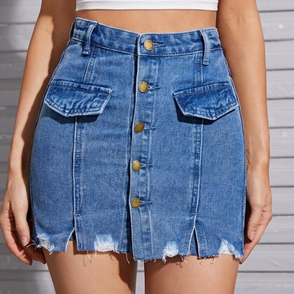 Button Front Denim Skort - Picture 1 of 4
